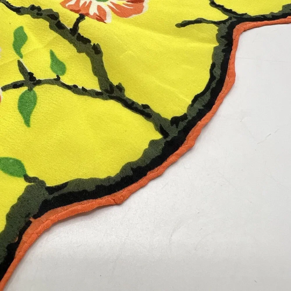 Vintage Asian Floral Silk Hanky Scarf Scalloped Edges Yellow Double Hankie *READ